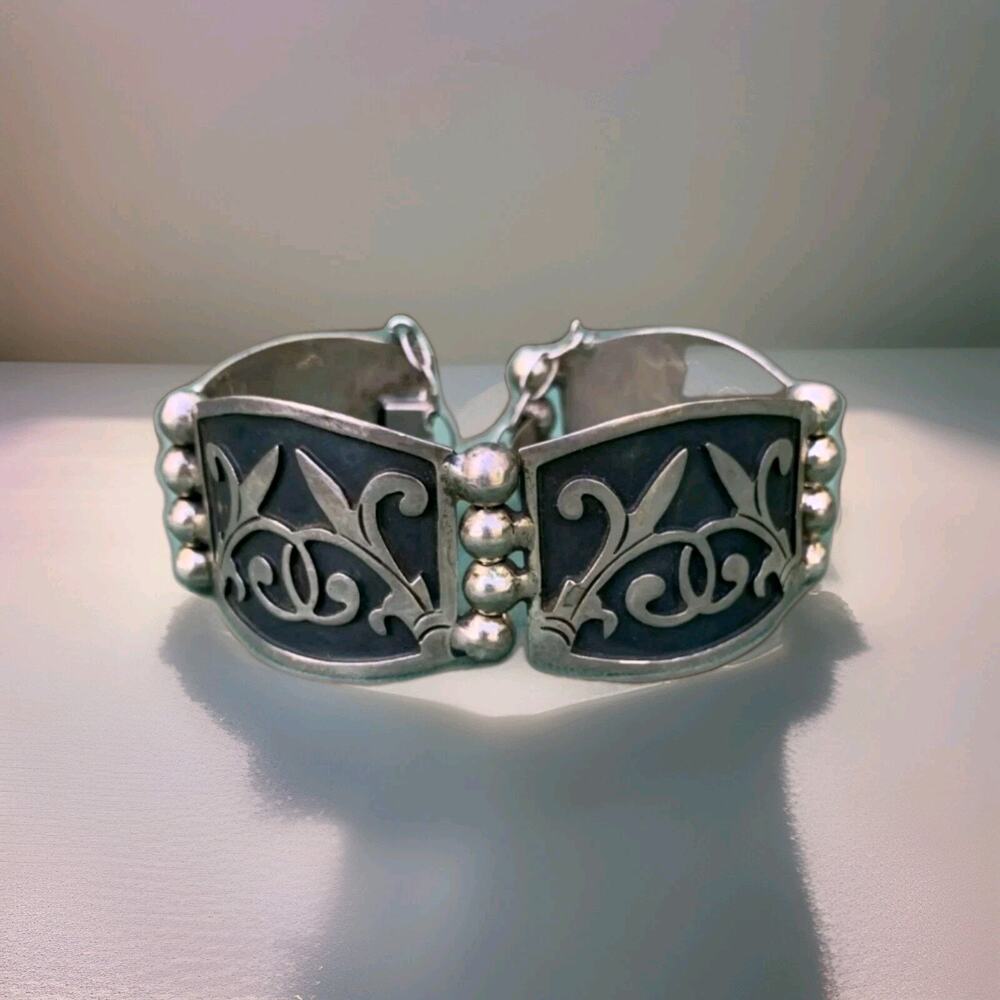 JH Mexico Bracelet Sterling Silver Modern Niello Design Vintage Size 7
